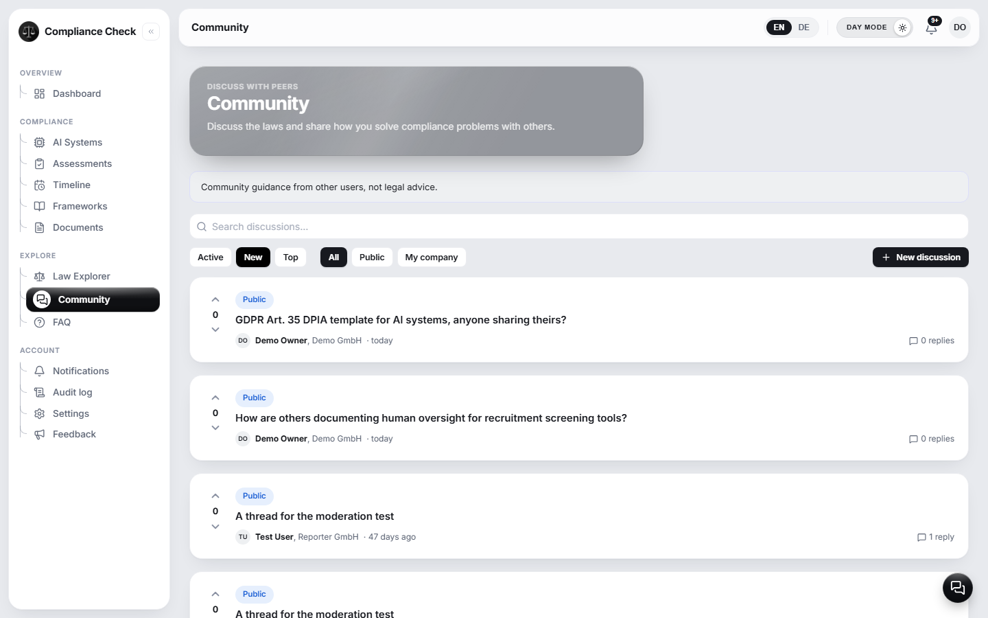 Die Community-Seite mit öffentlichen Diskussionen zu DSGVO-Dokumentation und menschlicher Aufsicht